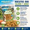 Infografía con los beneficios y características de Huesitos Duo Salmón y Arroz Arquivet - Snacks Semi-húmedos 300g
