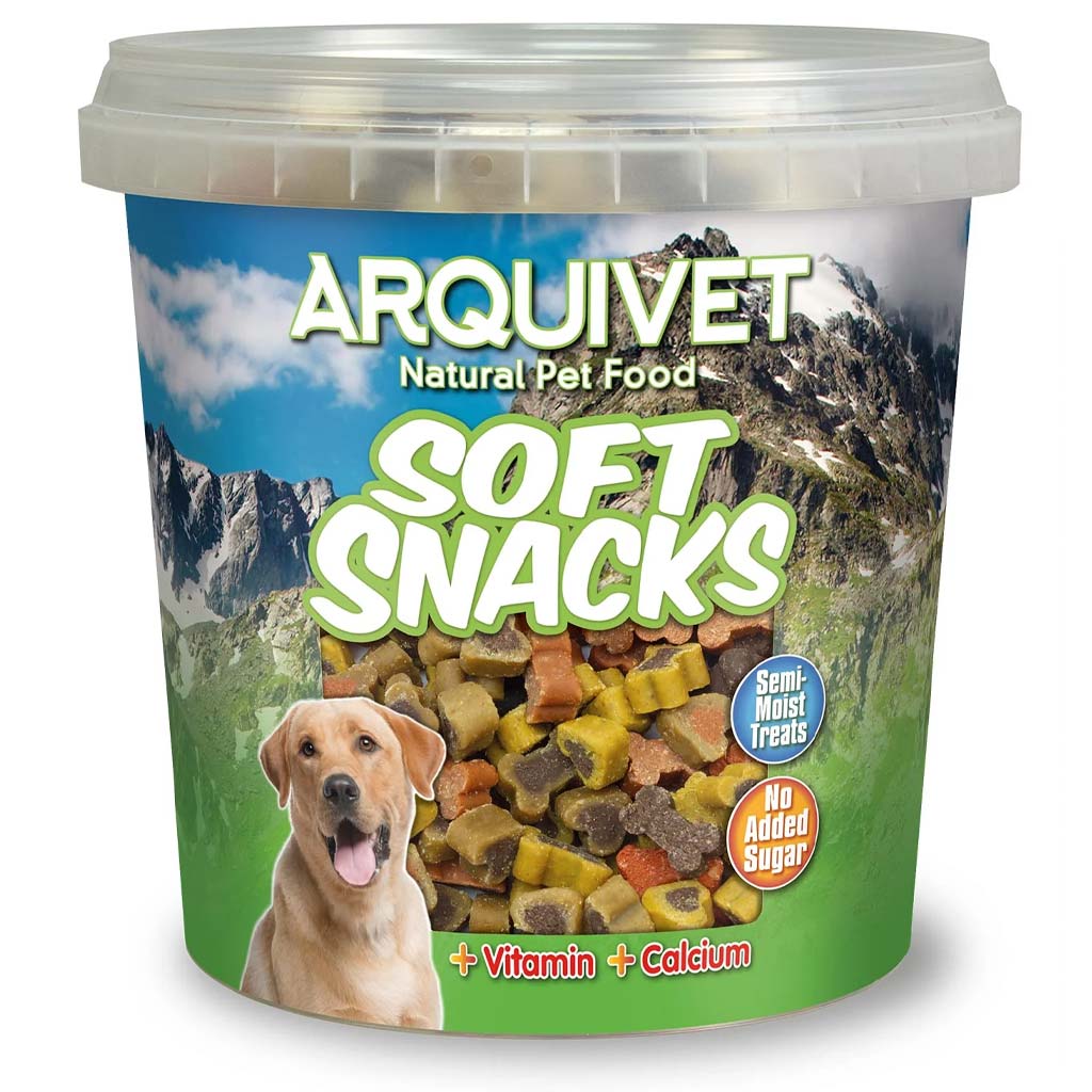 Bote 800g de premios Arquivet Soft Snacks Huesitos y Corazones para perro junto a un Golden Retriever