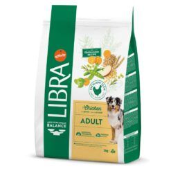 Saco de 3kg de pienso libra adulto pollo con ingredientes naturales y receta mediterránea.