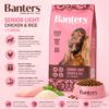 Infografia para el pienso para perros Banters Senior Light de razas mayores de 7 años. Sabor a pollo fresco y arroz para control de peso