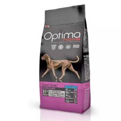 Bolsa de alimento para perros adultos de razas gigantes de la marca Optima Nova. El diseño es mayormente negro con una franja morada en la parte inferior. En el centro aparece un perro grande y musculoso caminando. La bolsa destaca que contiene un 65% de carne, incluyendo pollo fresco, deshidratado e hidrolizado, y está formulada con ingredientes como pollo y arroz.