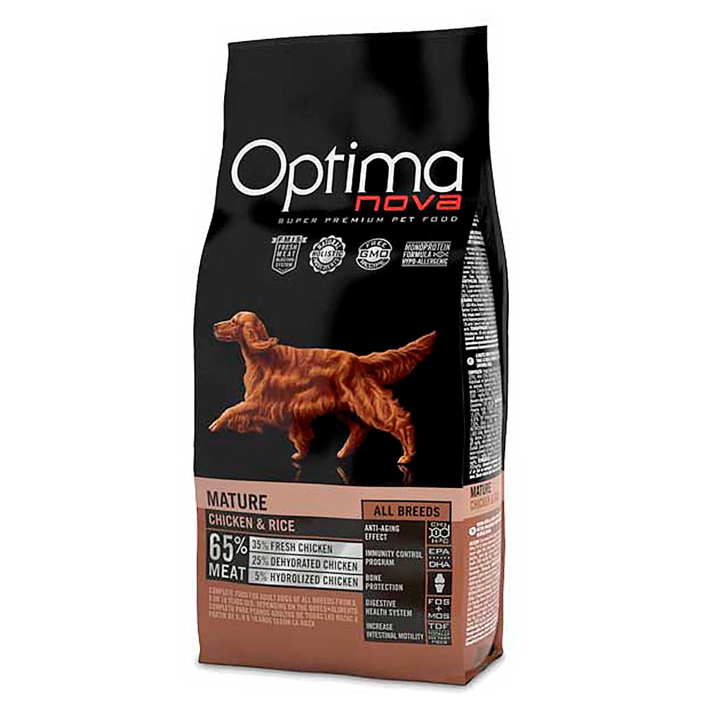 Saco de pienso Optima Nova Mature Chicken & Rice para perros adultos mayores de todas las razas, formato 12 kg, con 65% de carne de pollo
