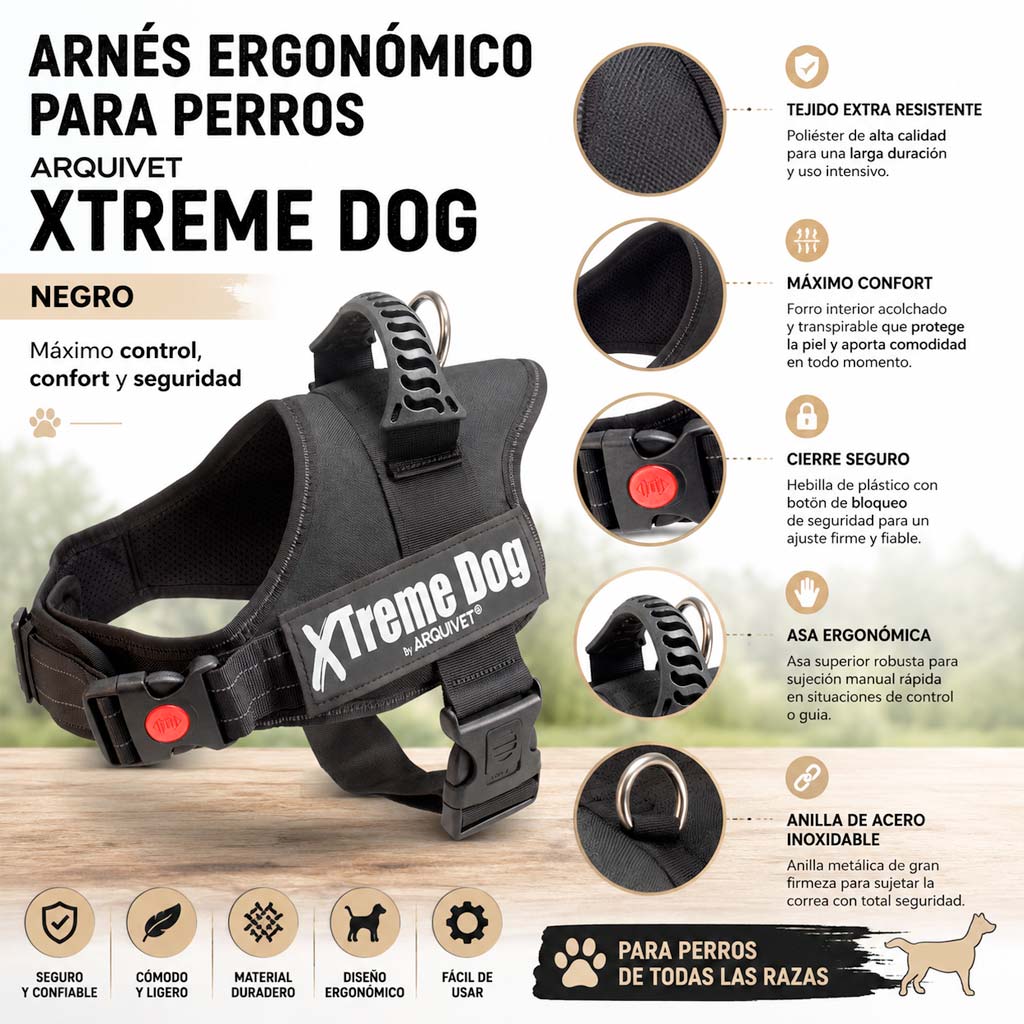 Infografía con los beneficios y características Arnés Ergonómico para Perros Arquivet Xtreme Dog Negro