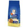 Saco de pienso para perros de la marca 'affinity Brekkies'. El envase es azul y amarillo, con la imagen de un perro pequeño en la parte superior. Está etiquetado para perros de tamaño MINI (1-10 kg) y destaca el pollo como ingrediente principal. Incluye textos como 'NutriExcel' y '20 kg', junto con varios iconos que indican beneficios nutricionales.