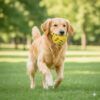 Perro Golden Retriever jugando al aire libre con una pelota interactiva para perros con snacks.