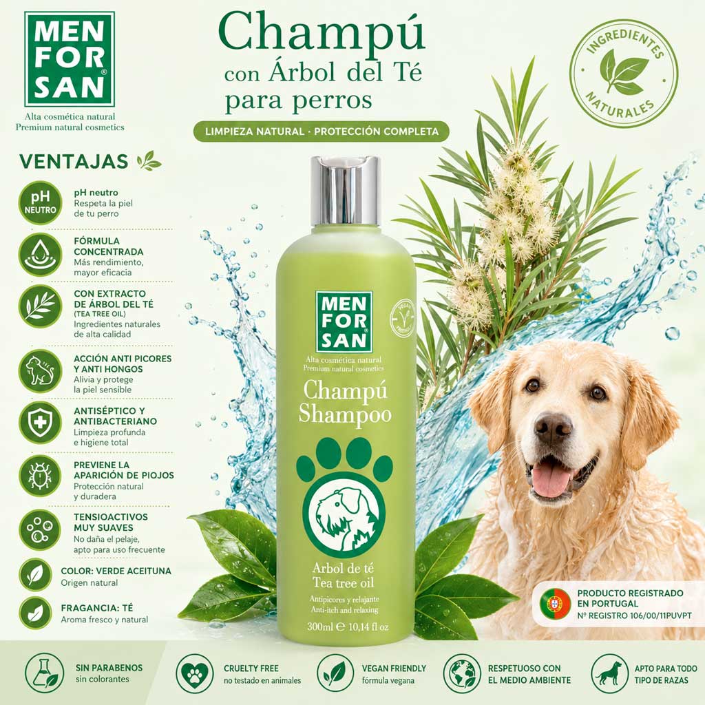 Infografía publicitaria del Champú de Árbol de Té Menforsan mostrando sus ventajas de pH neutro, fórmula concentrada y acción calmante