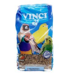 Bolsa frontal del producto Cañamon para Canarios Vinci, mostrando pájaros de colores y las semillas en la base del empaque.