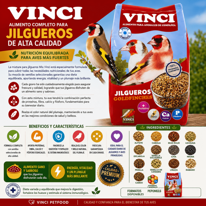 Infografía de la mixtura para jilgueros Mix Vinci con ingredientes naturales y beneficios para la salud.