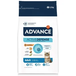 Saco de 1.5kg de Pienso Advance Gatos Adultos Pollo, alimento completo con fórmula Active Defense.