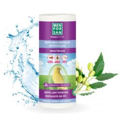 Bote de repelente en polvo Antipiojillos aves de Men For San con ingredientes naturales como la margosa para pájaros.