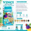 Infografía de beneficios e ingredientes de la Mixtura para Loros Exóticos Vinci para aves.
