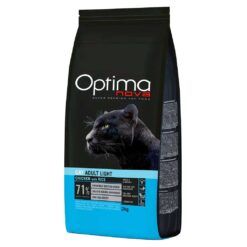 Saco de 2 kg del pienso para gatos Optima Nova Light con pollo y arroz, ideal para probar o para gatos únicos.