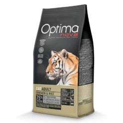 Saco de pienso super premium Optima Nova gatos Pollo y Arroz, fórmula para gatos adultos con 75% de pollo.