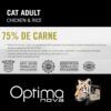 Infografía con los beneficios del pienso Optima Nova gatos Pollo, destacando su 75% de carne y fórmula hipoalergénica.
