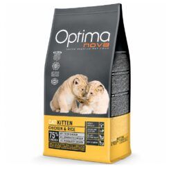 Saco de comida súper premium optima nova kitten pollo y arroz para gatitos en crecimiento.