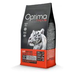Saco de pienso para gatos mayores Optima Nova Mature con 75% de pollo y beneficios anti-envejecimiento.