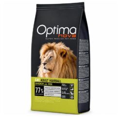 Saco de comida premium para gatos adultos Optima nova HairBall sabor pollo y arroz.