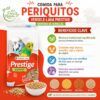 Infografia con los beneficios y ingredientes del Versele-Laga Prestige Budgies