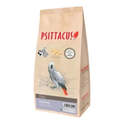 Envase de 800g de Psittacus Alta Energia para loros grises y otras especies.
