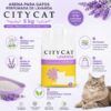 Infografía de la Arena para Gatos Perfumada de Lavanda City Cat 5 kg. La imagen muestra el envase del producto en el centro, destacando sus principales beneficios: fórmula 100 % natural de sepiolita de alta absorción mineral, aroma de lavanda campestre de liberación prolongada, neutralización eficaz de malos olores, formato higiénico de 5 kg con asa integrada y composición ecológica, biodegradable y segura para gatos de todas las edades. La infografía incluye iconos ilustrativos, flores de lavanda, una bandeja con arena para gatos y la imagen de un gato doméstico, resaltando la frescura, higiene y bienestar que proporciona el producto.