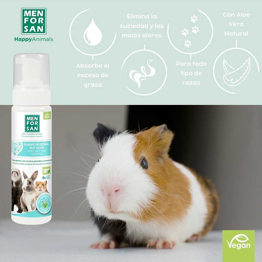 Champú para Cobayas, Conejos, Hurones, Espuma Seca con Aloe Vera Menforsan - Imagen 3