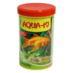 Bote de 200g de comida para peces de agua fría en escamas AQUA-KI Gold Flakes para una dieta equilibrada.