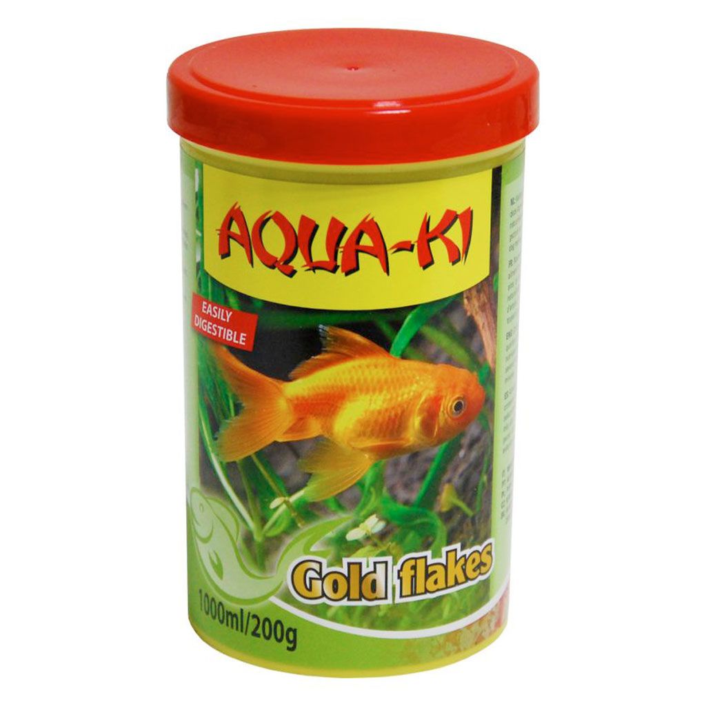 Bote de 200g de comida para peces de agua fría en escamas AQUA-KI Gold Flakes para una dieta equilibrada.