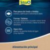 Infografía de beneficios de Tetra TabiMin: para peces de fondo, tabletas de hundimiento rápido y agua clara garantizada.