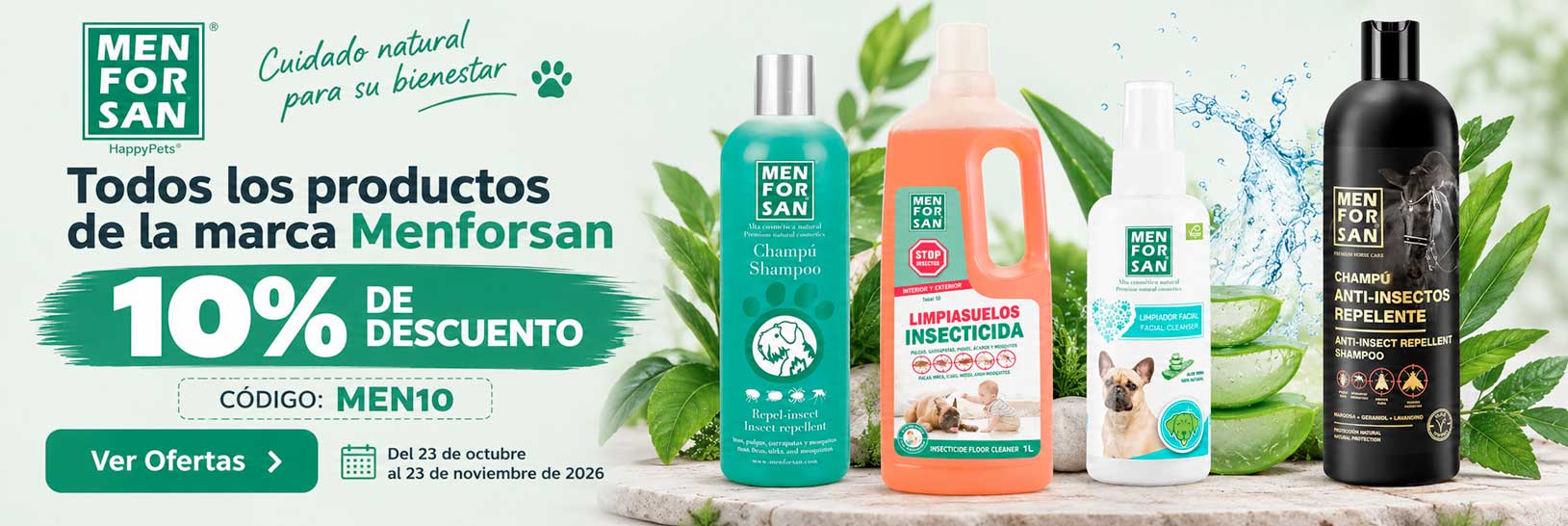 Banner Menforsan en AnimalExpress: 10% de descuento en todos los productos de la marca con el cupón MEN10, válido del 23 de octubre al 23 de noviembre de 2026. Ver ofertas.