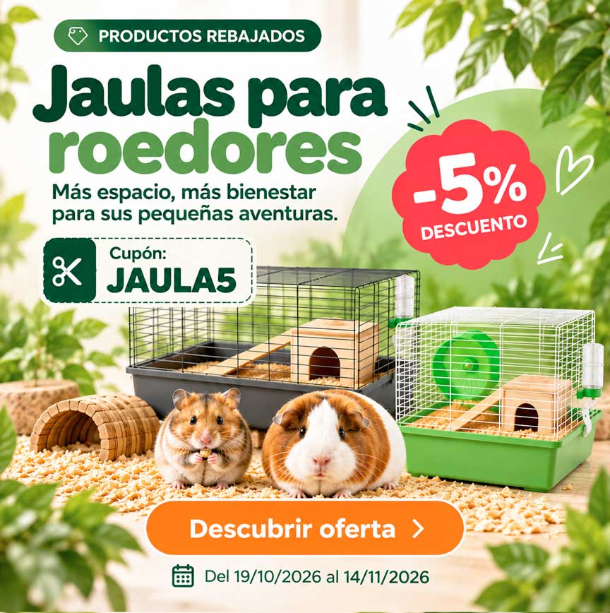 Oferta AnimalExpress en jaulas para roedores con un 5% de descuento. Jaulas para hámsters y cobayas, promoción válida del 19 de octubre al 14 de noviembre de 2026.