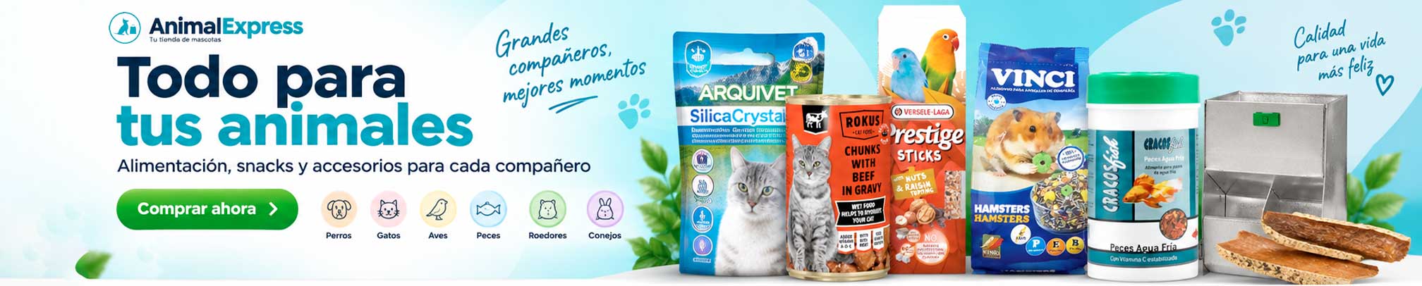 Banner de AnimalExpress con productos para mascotas: comida, snacks y accesorios para perros, gatos, aves, peces, roedores y conejos, con el mensaje "Todo para tus animales".