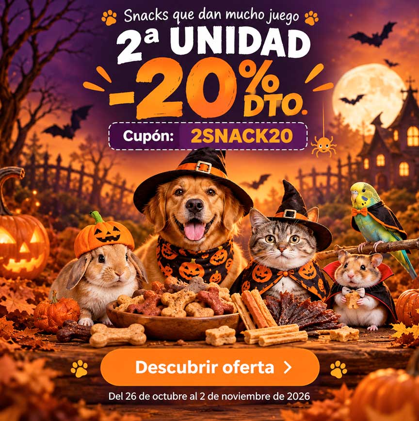 Promoción de Halloween AnimalExpress con mascotas disfrazadas y snacks para animales. Disfruta de un 20% de descuento en la segunda unidad con el cupón 2SNACK20, del 26 de octubre al 2 de noviembre de 2026.