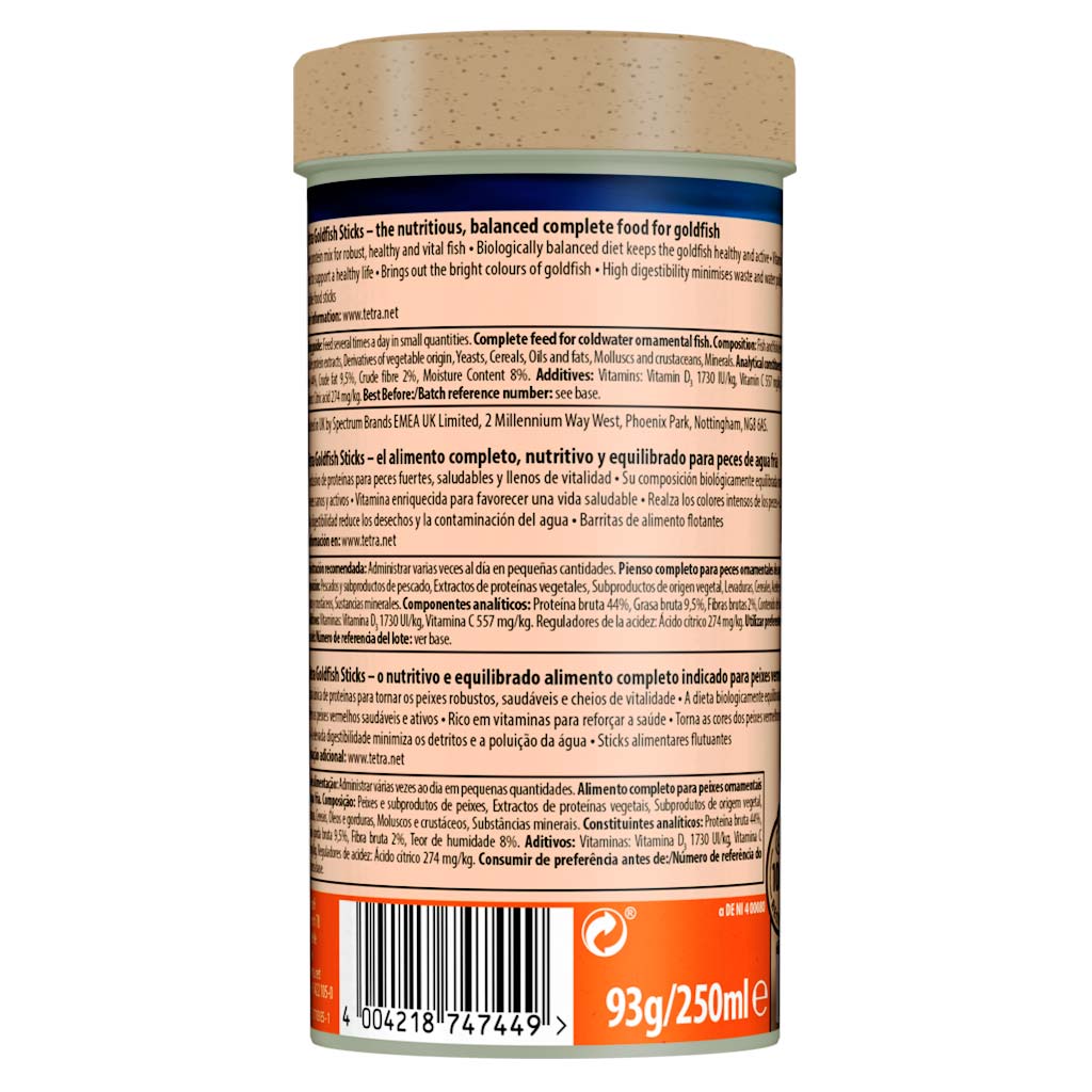 Información nutricional y composición del alimento para peces Tetra Goldfish Sticks, garantía de calidad.