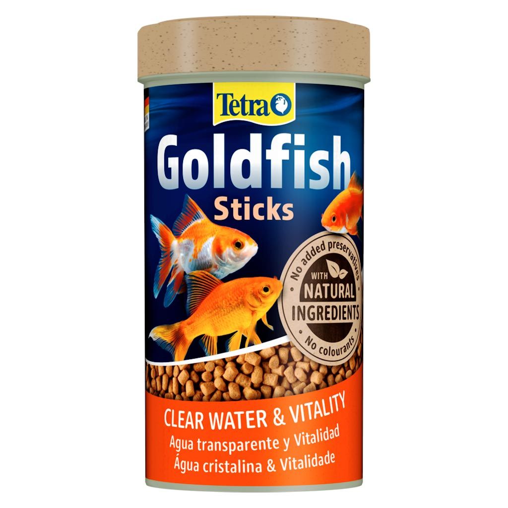 Bote de 250ml de alimento Tetra Goldfish Sticks para la vitalidad y colores brillantes de peces dorados.