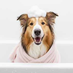 Perro Collie feliz en la bañera con espuma en la cabeza de nuestro suave champú para perros.