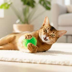 Gato Abisinio feliz jugando con una pelota verde de púas, uno de nuestros Juguetes para Gatos más vendidos.