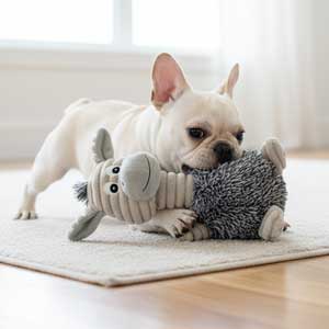 Bulldog francés de color claro jugando felizmente con uno de nuestros resistentes juguetes para perros de peluche en una alfombra.