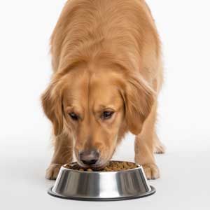 Golden retriever comiendo con entusiasmo un saludable pienso para perros de un cuenco de acero inoxidable.