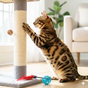 Gato bengalí estirándose y afilando sus uñas en uno de nuestros resistentes rascadores para gatos con poste de sisal natural.