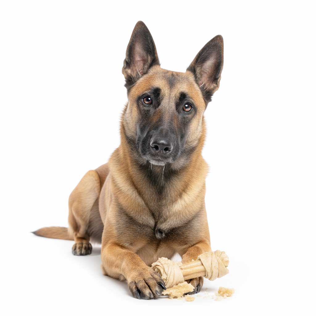 Perro de raza pastor belga malinois felizmente mordiendo un snack para perros con forma de hueso sobre un fondo blanco.