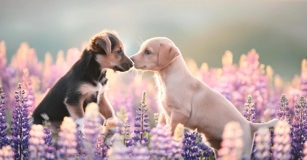 Dos cachorros de perro, uno de raza Whippet y otro de raza Greyhound italiano, están jugando en un campo de flores. Las flores son de color azul violáceo, y se identifican como bonetes azules y lavanda. Los cachorros son de color marrón claro y blanco, y tienen orejas grandes y puntiagudas. Están corriendo y persiguiéndose entre las flores, y parecen estar divirtiéndose mucho.