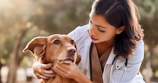 Veterinario revisando a un perro en busca de garrapatas.