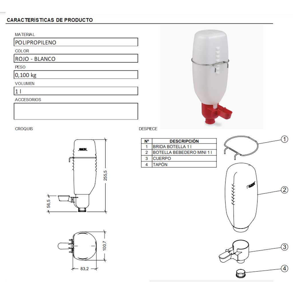 Bebedero de Botella para Aves 1l Gaun - Imagen 2