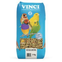 Saco azul de 3kg de comida para pájaros silvestres Vinci Especial, mostrando varias aves coloridas en el empaque.