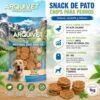 Infografía con los beneficios y características de Snack de Pato Chips para Perros Arquivet 1kg