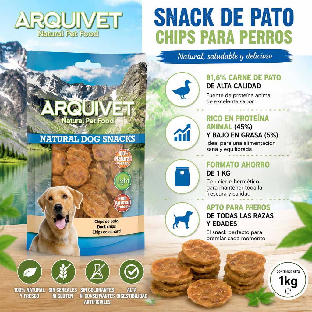 Infografía con los beneficios y características de Snack de Pato Chips para Perros Arquivet 1kg