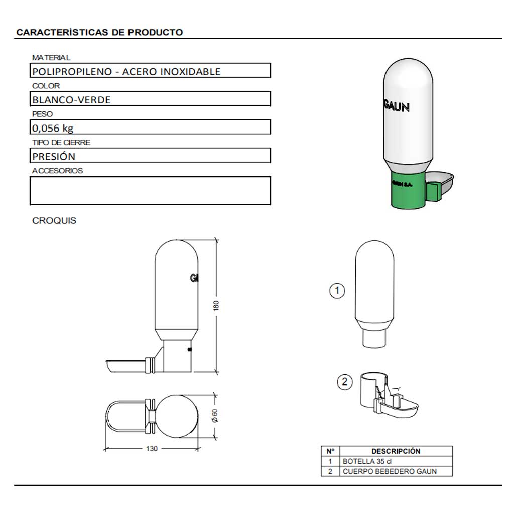 Bebedero Botella para Pájaros 35cl Gaun - Imagen 2