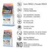 Detalles del pienso semihúmedo para perros mayores de Arquivet, destacando 76% de carne fresca y pescado, 24% de verduras, frutas y hierbas medicinales, ingredientes naturales, prensado en frío, cocinado al vapor, alta palatabilidad y digestibilidad, sin gluten, harinas cárnicas, subproductos, aromatizantes ni colorantes artificiales, y no extrusionado.