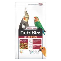 NutriBird G14 Tropical de Versele-Laga en su envase original. Un alimento balanceado en forma de pellets todo-en-uno, enriquecido con semillas y frutas, ideal para la nutrición de loros. ¡Mantén a tus aves saludables y felices con NutriBird G14 Tropical!
