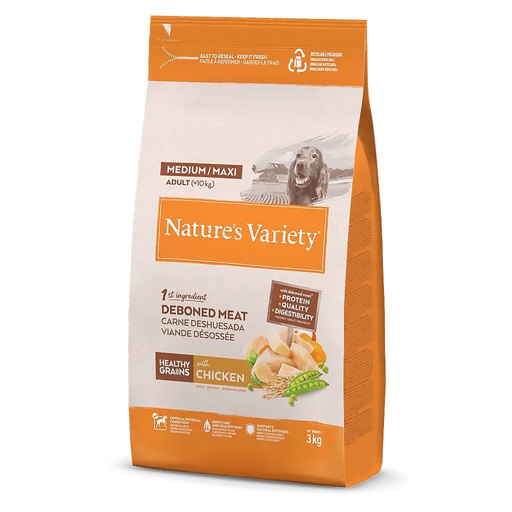 Bolsa de pienso para perros adultos Nature's Variety Healthy Grain Medium Maxi Pollo con diseño moderno. Muestra una imagen atractiva del producto junto a ingredientes naturales como pollo, cereales saludables, frutas y verduras. Destaca sus beneficios nutricionales y su fórmula equilibrada para la salud y bienestar de las mascotas.